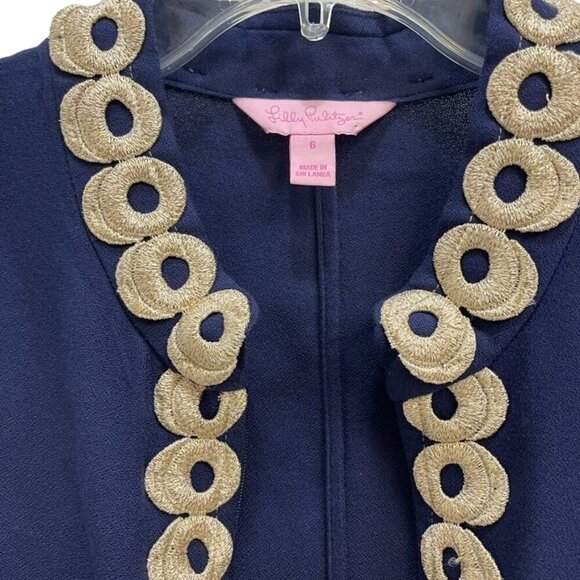 Lilly Pulitzer Navy Blue Shift Dress Size 6, Gold Embroidery, 100% Rayon, Boho - Picture 4 of 6